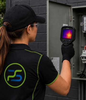 Technician inspecting electrical panel with thermal camera